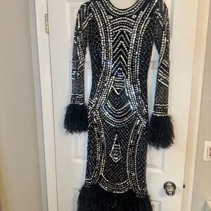 Elegant Black and Silver Beaded Long Sleeve Dress ASOS NWT